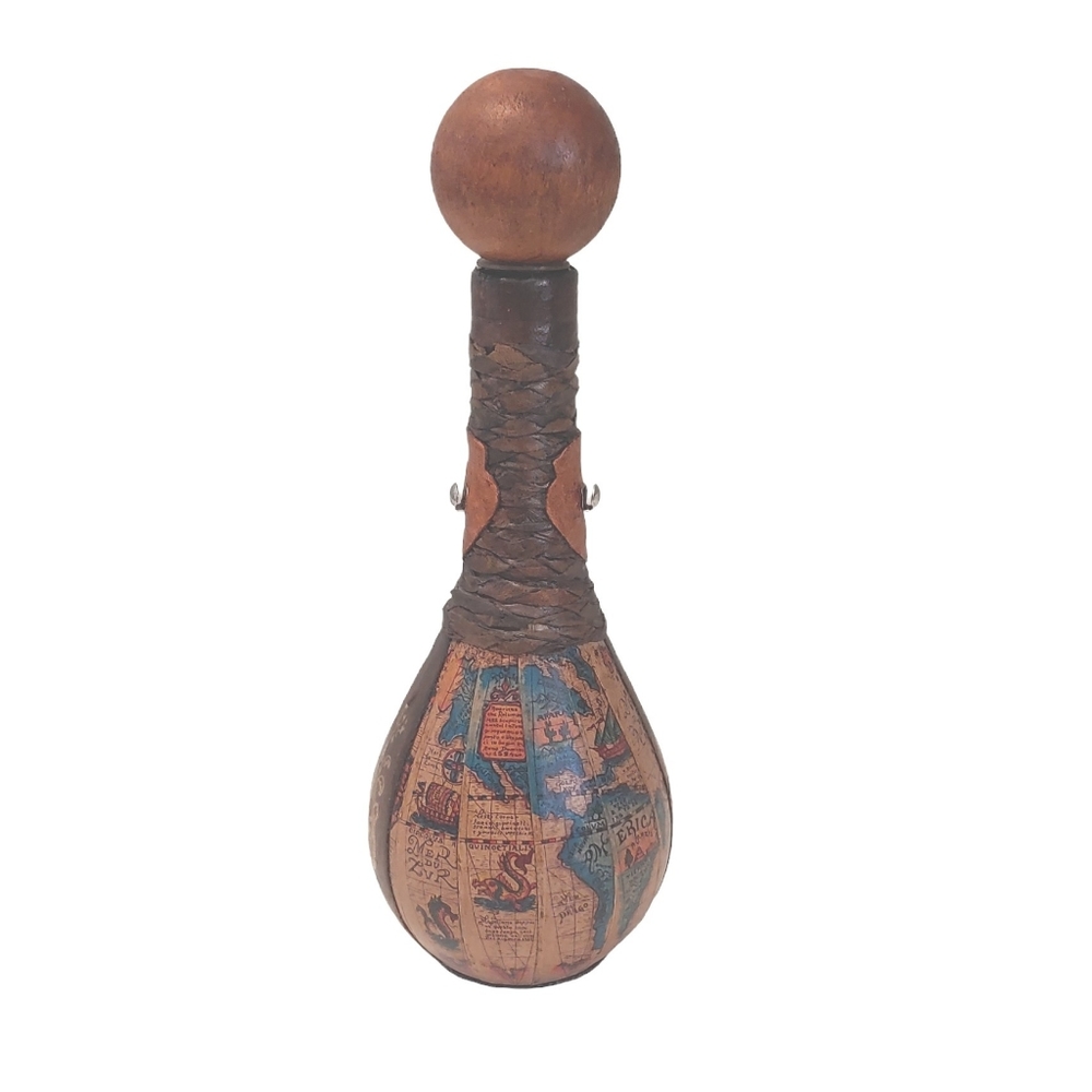 Vintage Old world Map leather wrapped decanter bottle with screw stopper